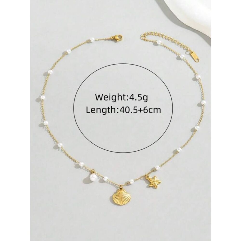 Gold Pearl Shell & Star Charm Necklace - Elegant Women Jewelry R 472 - Picture 4 of 4